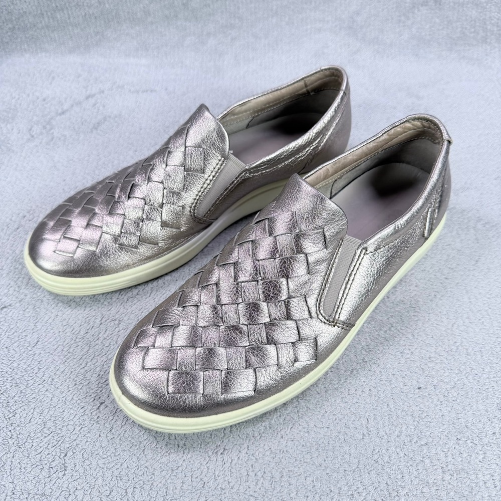 ECCO Womens 7 Silver Metallic Leather Woven Soft 7 Slip On Comfort Sneaker Flat